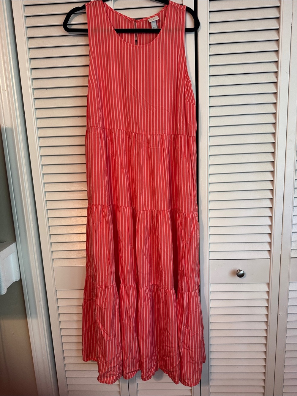 Women's Red and White Striped Tiered Maxi Dress
